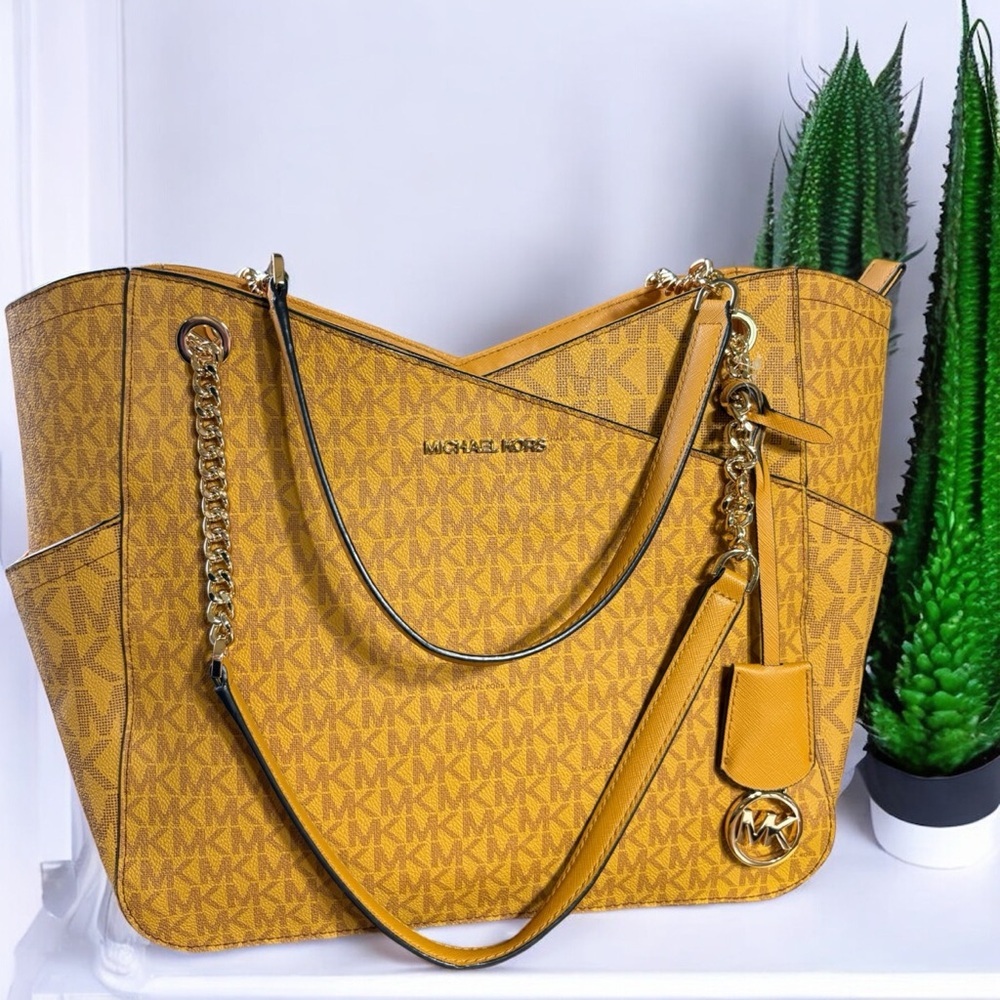 Michael Kors-NWOT Jet Set Logo Shoulder Bag Marigold/Signature Print. Gold chain - Picture 4 of 16